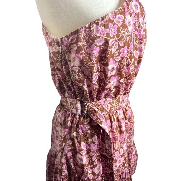 Jason Wu One Shoulder Puff Sleeve Floral Belted Mini Dress Pink Tan Size Large - Picture 4 of 7